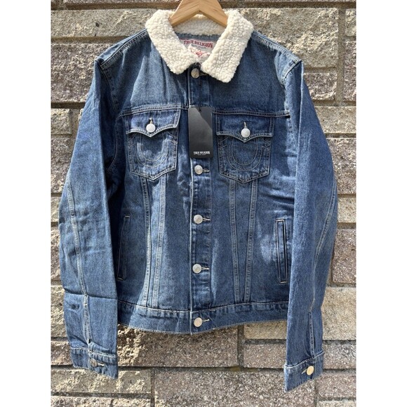 True Religion Sherpa Collar Denim Blizzard Wash  Western Trucker Jacket Large - Picture 1 of 8